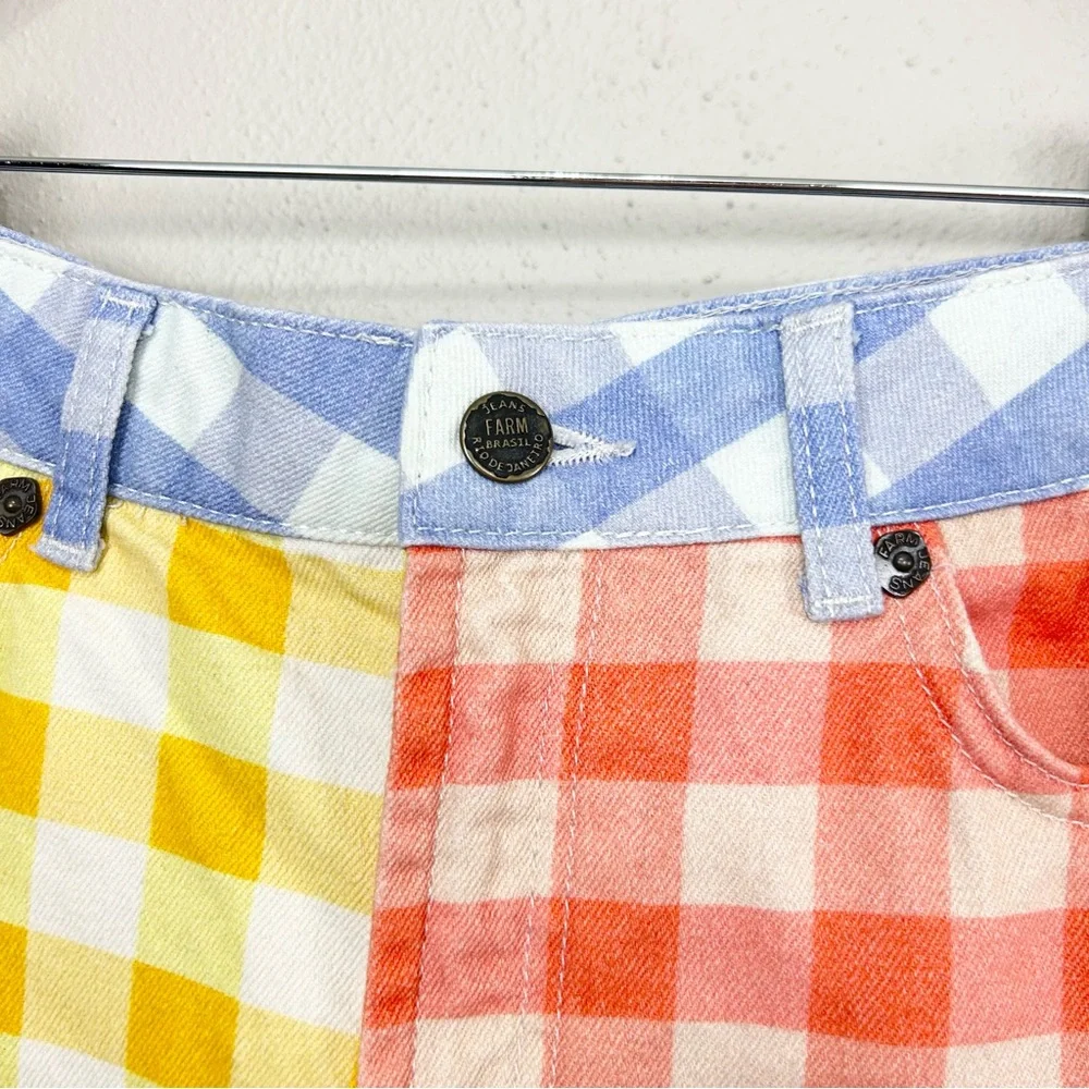 Farm Rio Gingham High Rise Shorts Size Small Red Blue Yellow Denim Cut Off - Picture 4 of 12